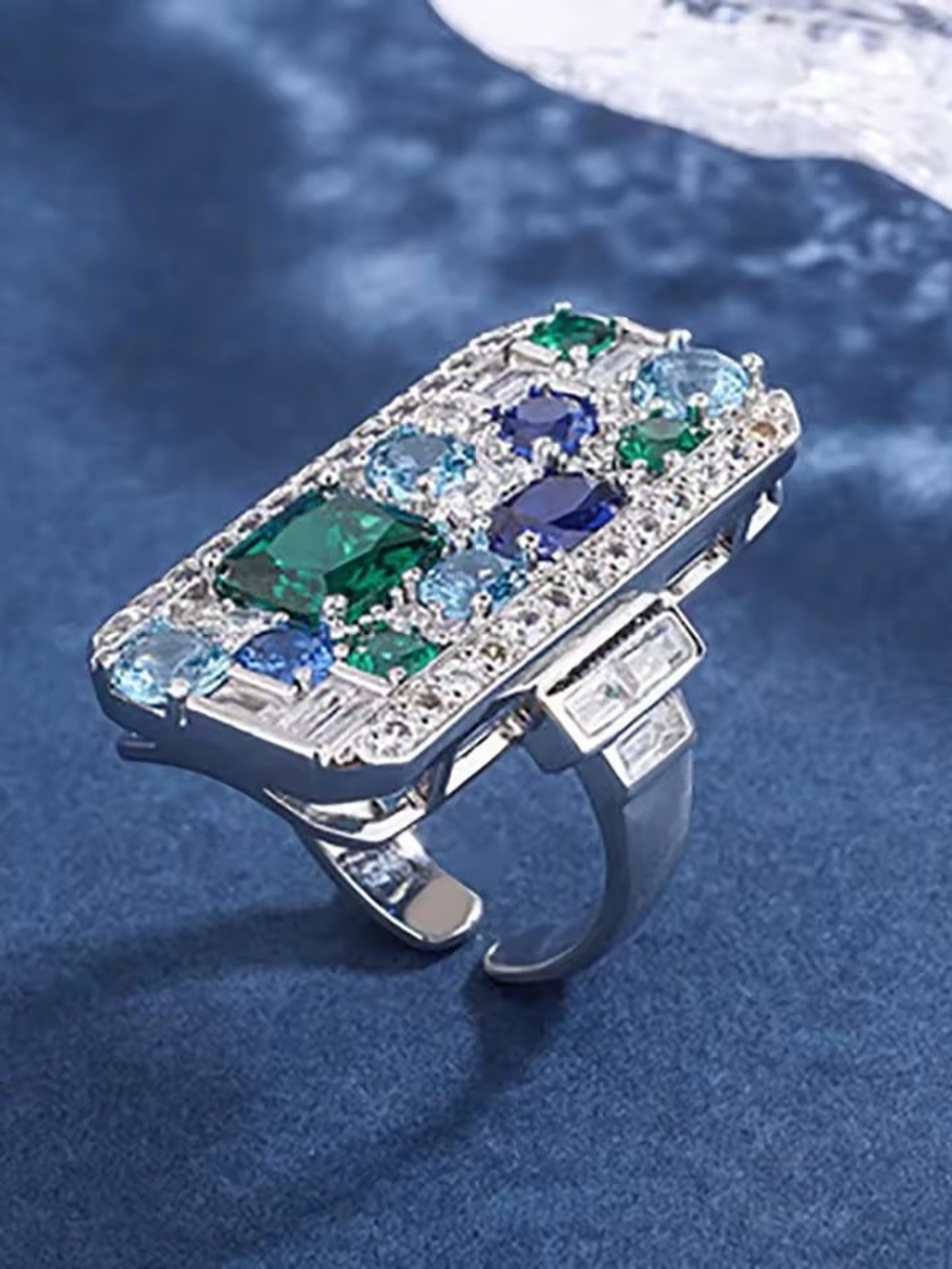 Silver-Tone Ring with Blue and Green Gemstones - Picture 2 of 5